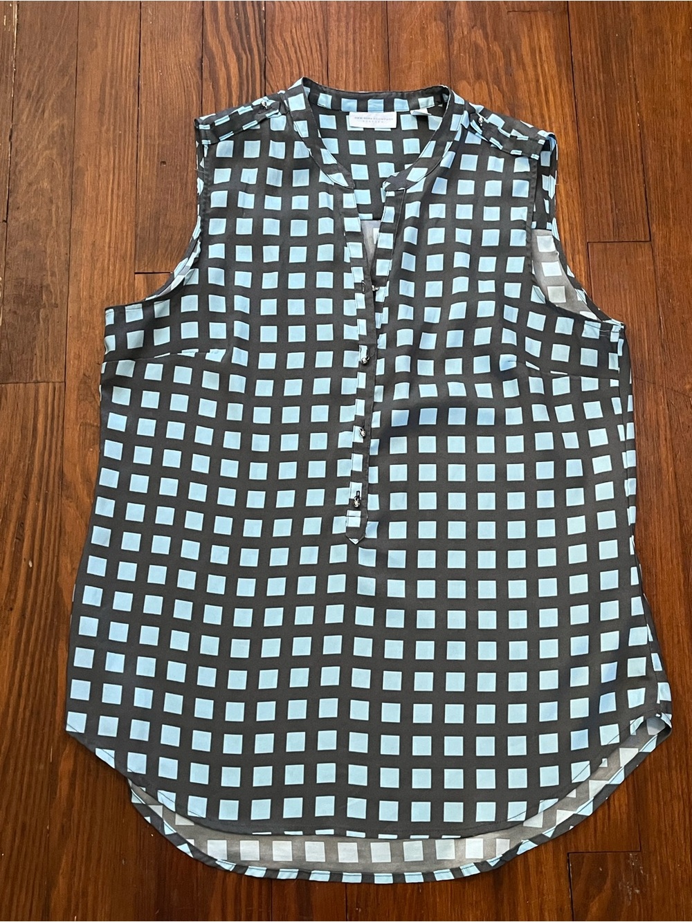 New York & Company Gray and Light Blue Checkered Sleeveless Blouse